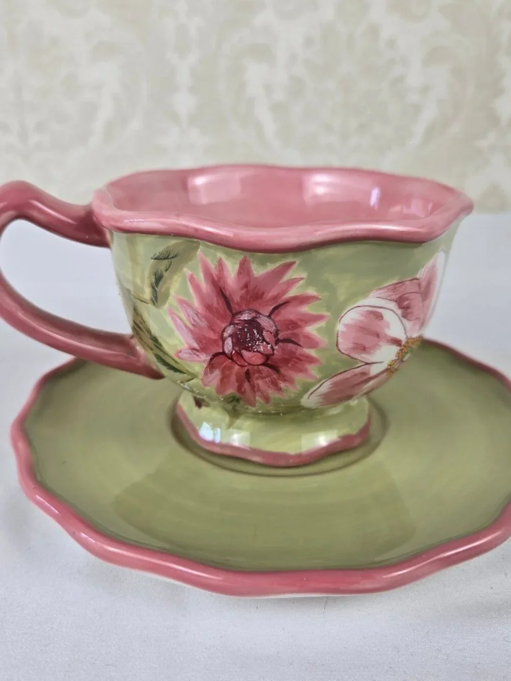 April Cornell Pink Flower Set 2 Snack Plates, Cup & Saucer, Creamer Contemporary